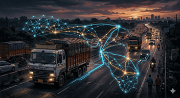 A freight truck on an Indian highway at dusk overlaid with a glowing digital network of routes and nodes, symbolising autonomous AI transforming exception management in logistics