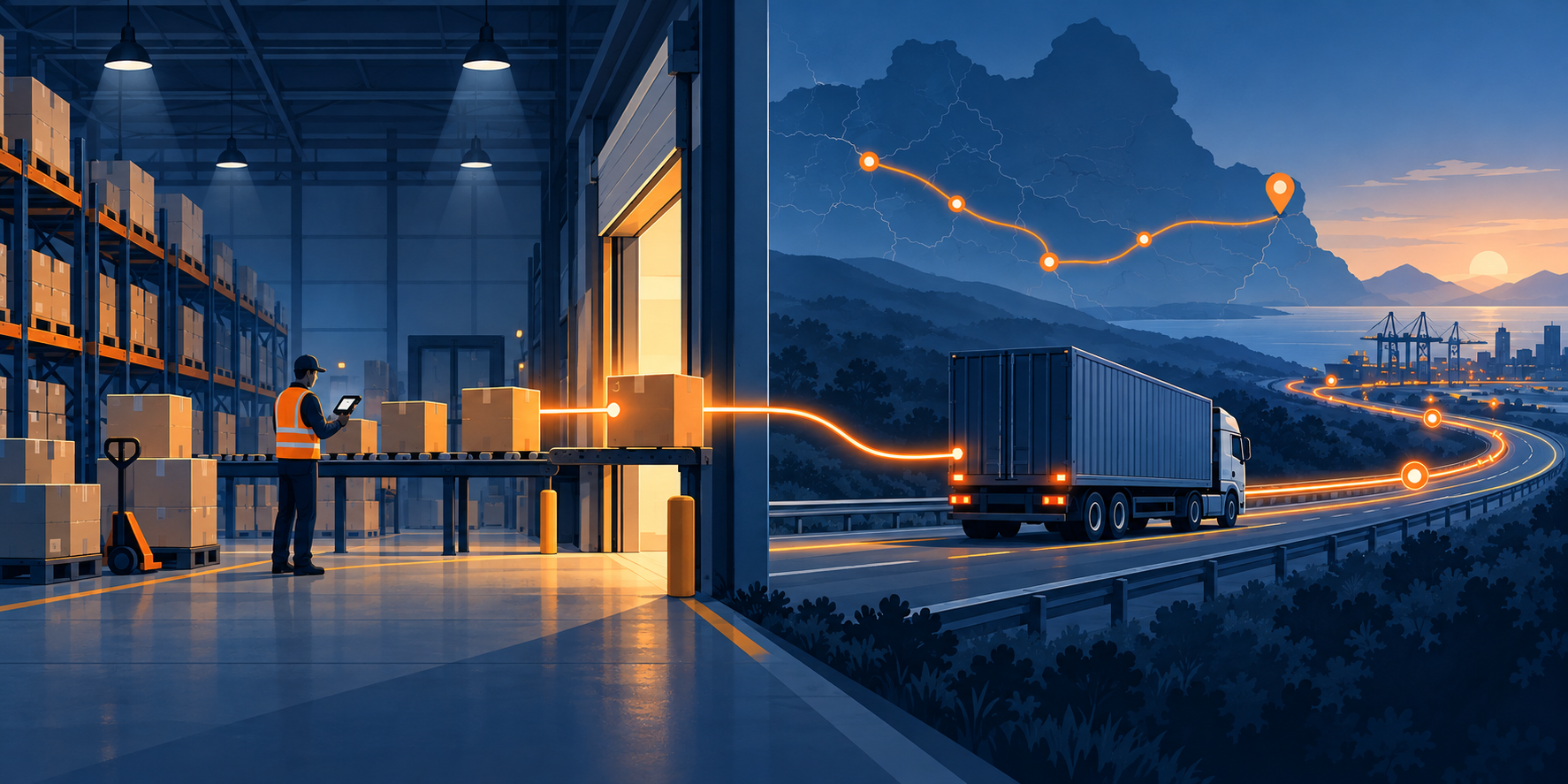 Illustration of a warehouse on the left and a freight route on the right, meeting at a loading dock to show where WMS and TMS responsibilities hand off.
