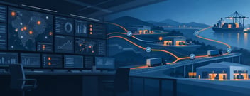 Illustration of a logistics control room shifting from alert-filled dashboards to automated route lines connecting trucks, warehouses and ports.