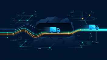 Illustration of a truck's route tracked through a GPS signal gap using layered SIM,  FASTag, and IoT signals, representing redundant freight visibility tracking