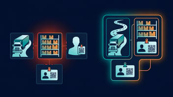 Illustration contrasting three disconnected logistics systems — TMS, WMS, and  workforce tech — with a single unified platform connecting all three seamlessly