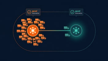 Illustration of two logistics hubs, one overloaded and one underutilized, each  showing good local metrics while the network as a whole remains imbalanced